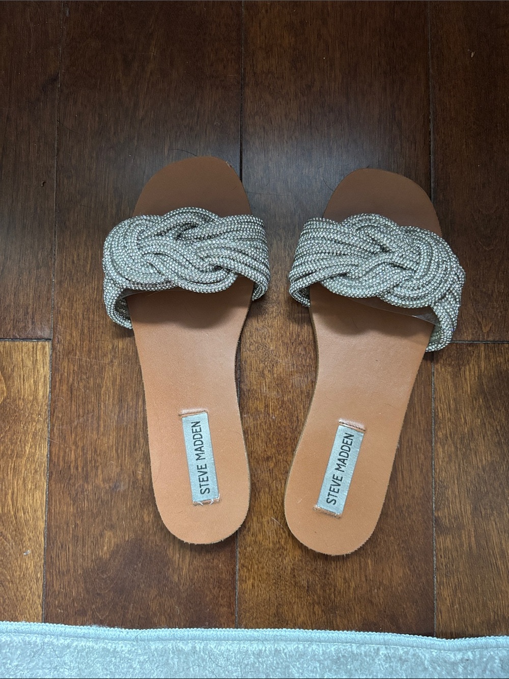 Steve Madden Silver Braided Slide Sandals with Tan Footbed